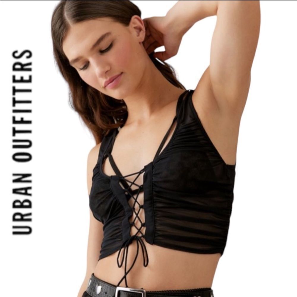 NEW UO Urban Outfitters Ruched Black Lace-Up Tank Top S L